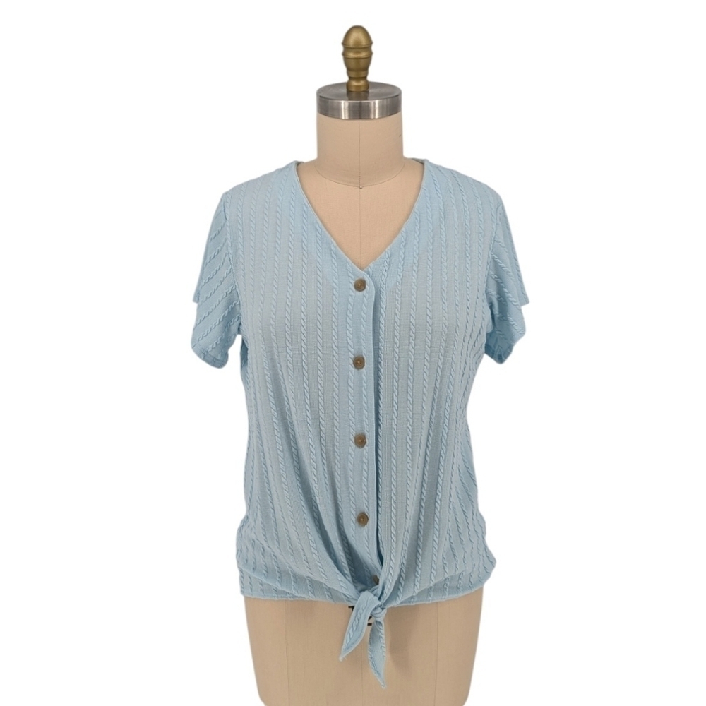 Weatherproof Cable Knit Knot Sweater Top Cardigan Blue L preppy cottagecore